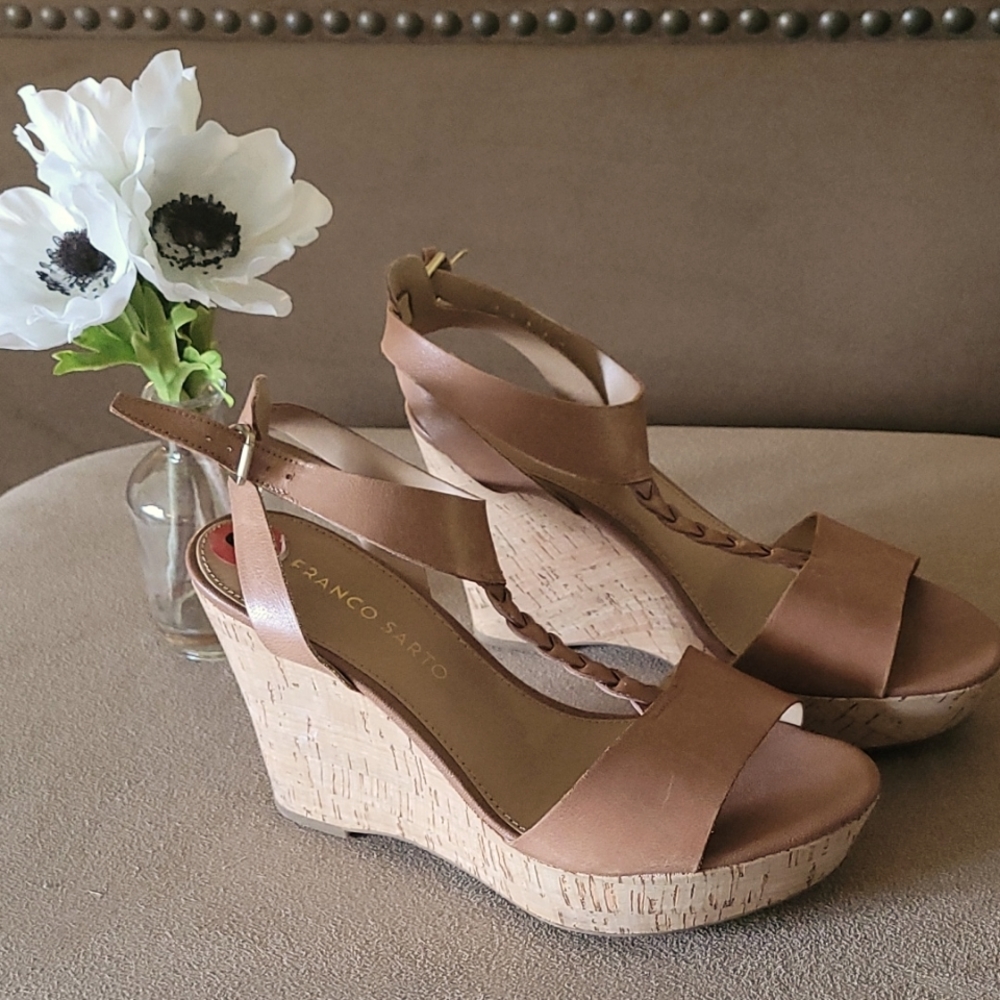 Franco Sarto wedge sandals. Size 6. Tan with a stylish braid strap. Ankle strap